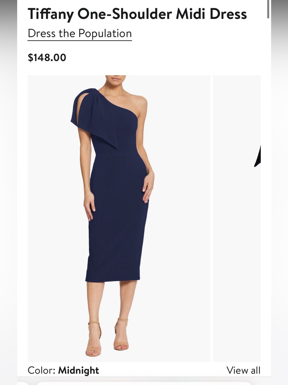Dress the Population Navy One-Shoulder Midi Dress with Draped Bow
